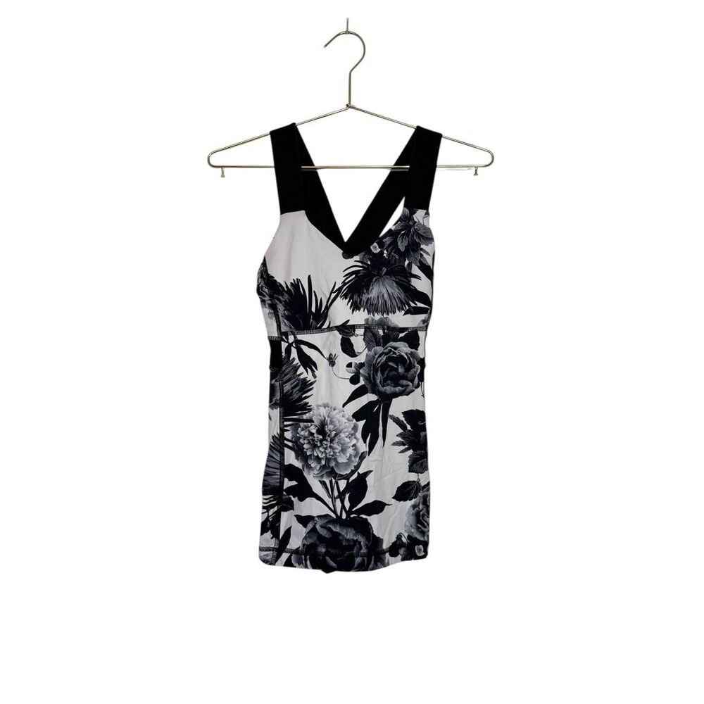 Lululemon Push Your Limit Black White Floral Tank Top Built-in Bra Women 4